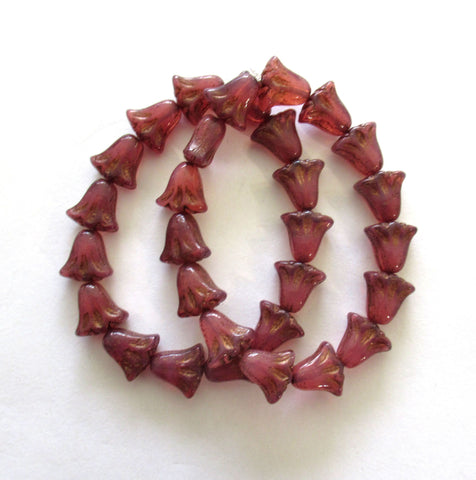 15 Czech glass flower beads - 9 x 10mm translucent deep pink opal with a bronze wash - lily flower beads C00161
