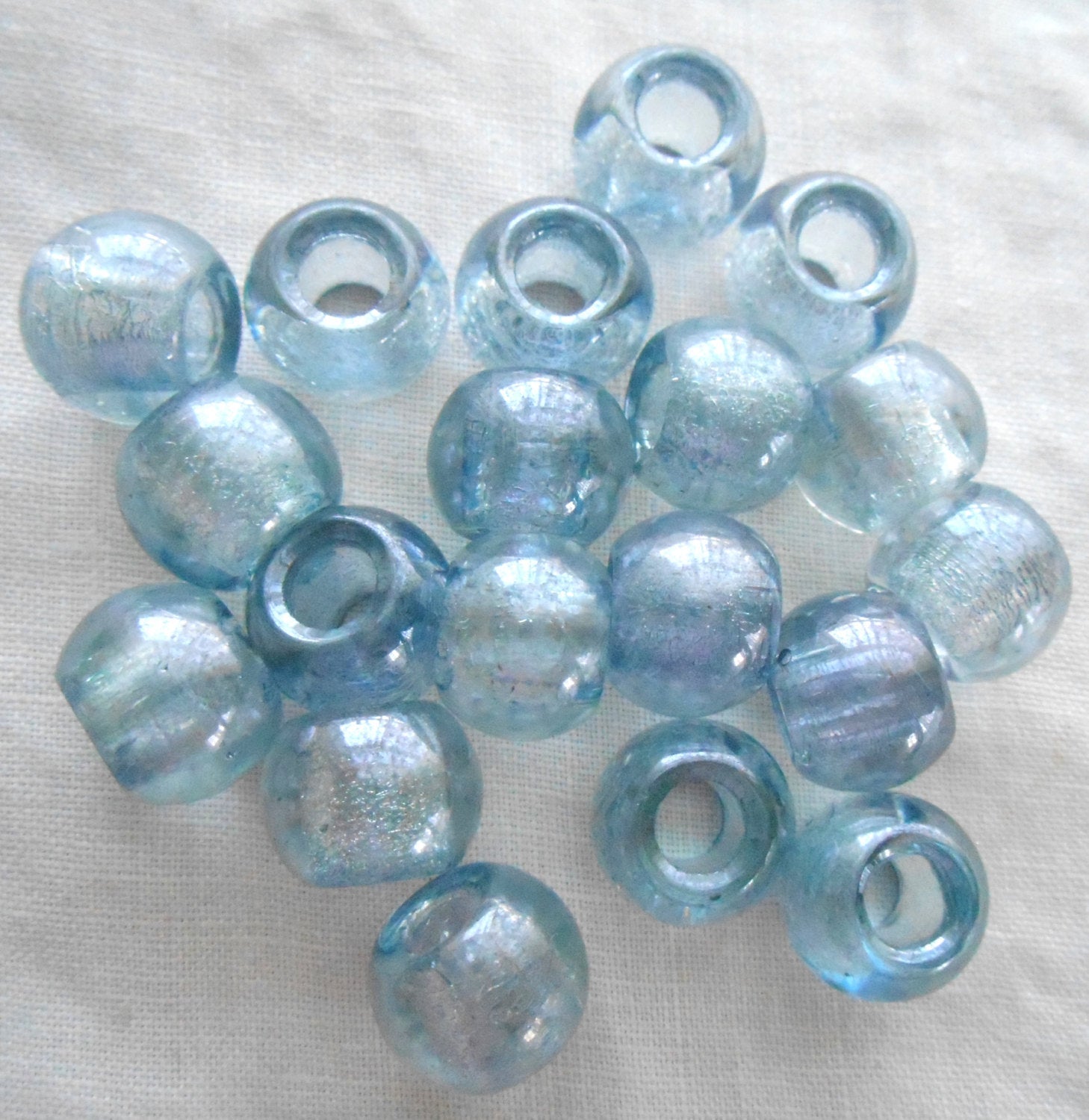 Six 12mm round Lumi Blue iridescent large glass big hole druk beads, 4.5mm holes, C4801
