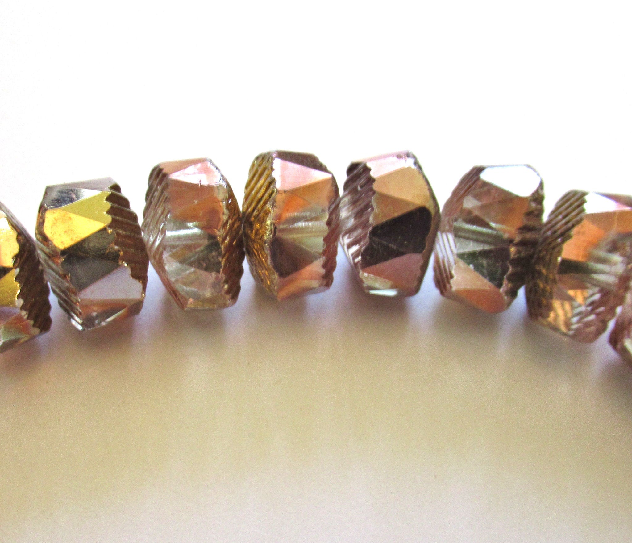 Six Czech glass faceted wavy rondelle beads - large 14 x 6mm copper and crystal mix chunky rondelles - C00941
