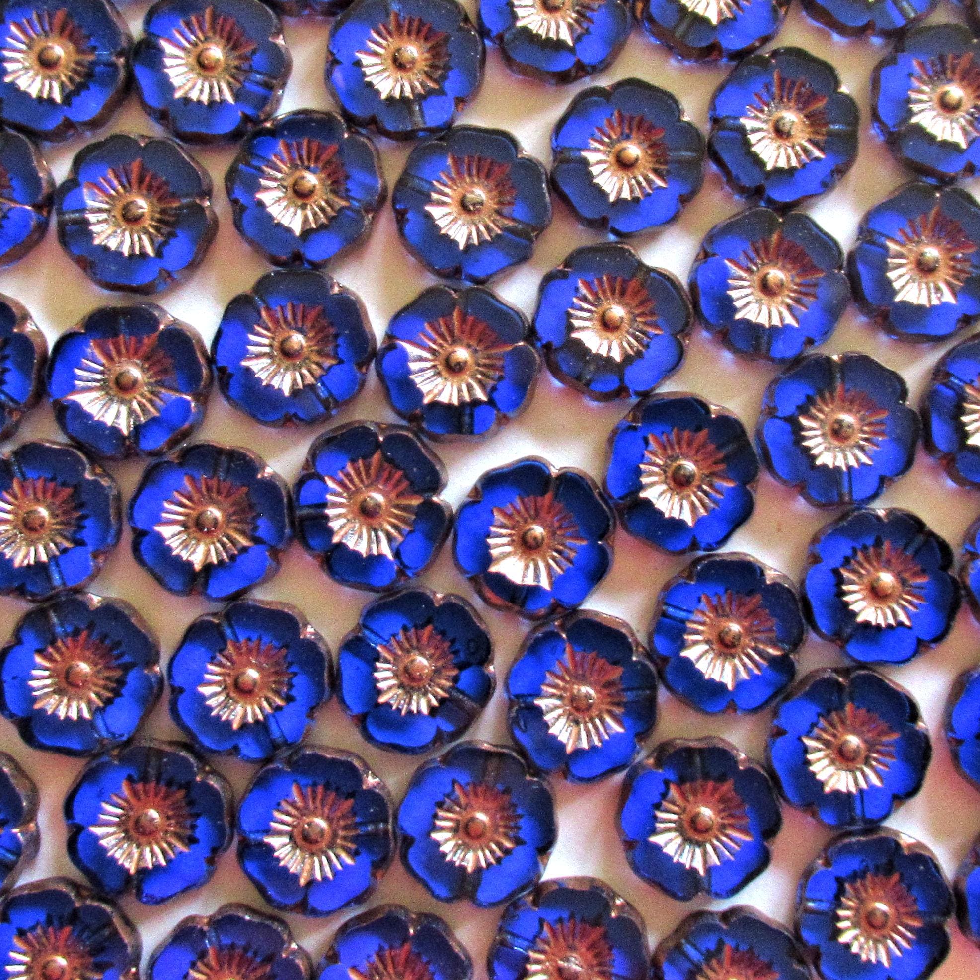 Czech glass flower beads - 12mm - sapphire blue w/ copper accents - table cut carved - Hawaiian hibiscus flowers - 8 beads - C0741