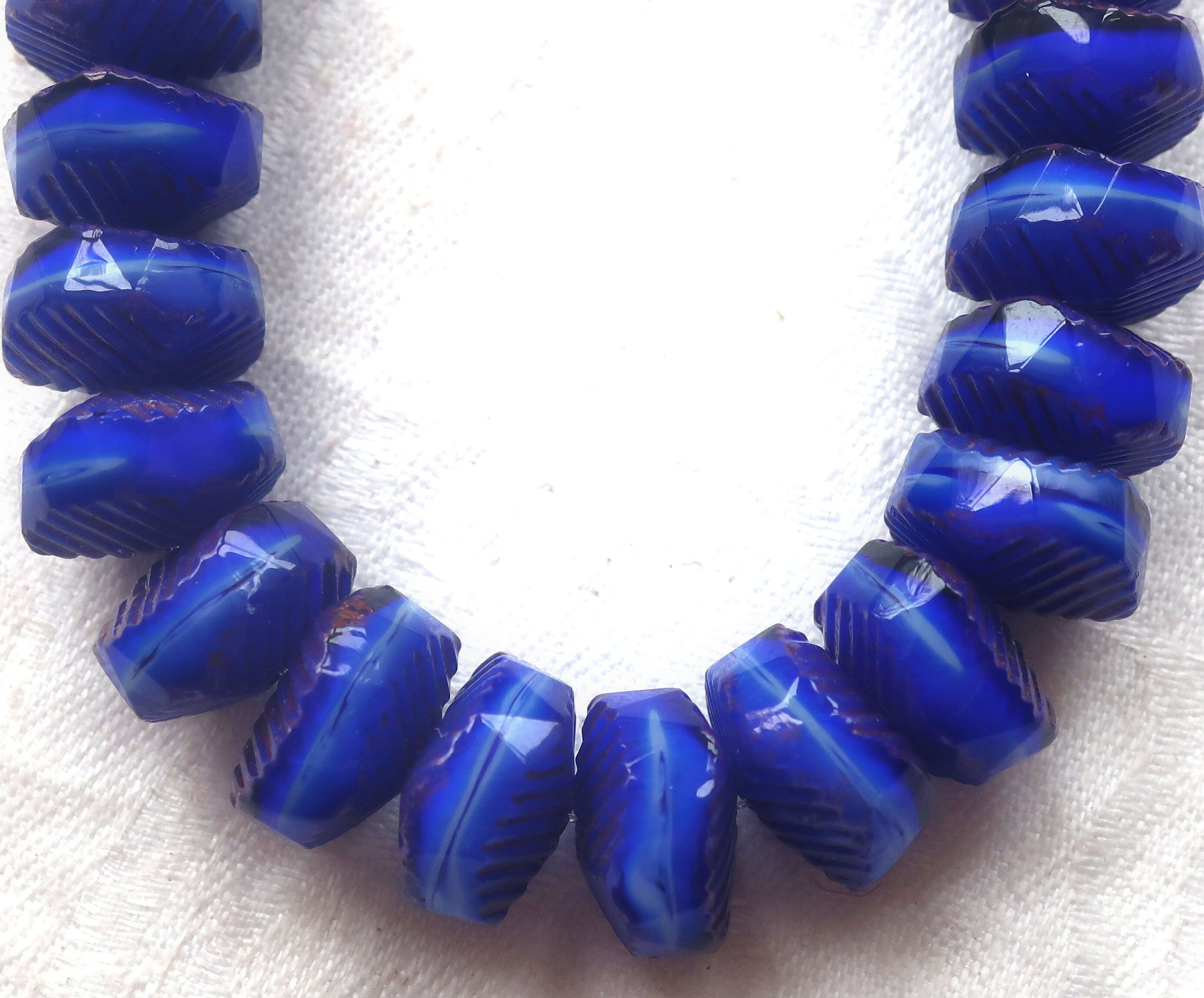 Six Czech glass faceted wavy rondelle beads - large 14 x 6mm royal blue & white with purple/bronze finish - chunky statement beads - C00991