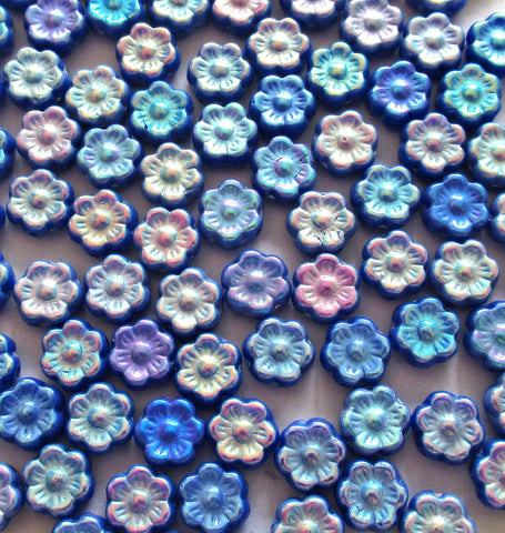 25 6mm small Czech glass flower beads - opaque royal blue with a rainbow ab finish on both sides - pressed glass floral beads - C0068