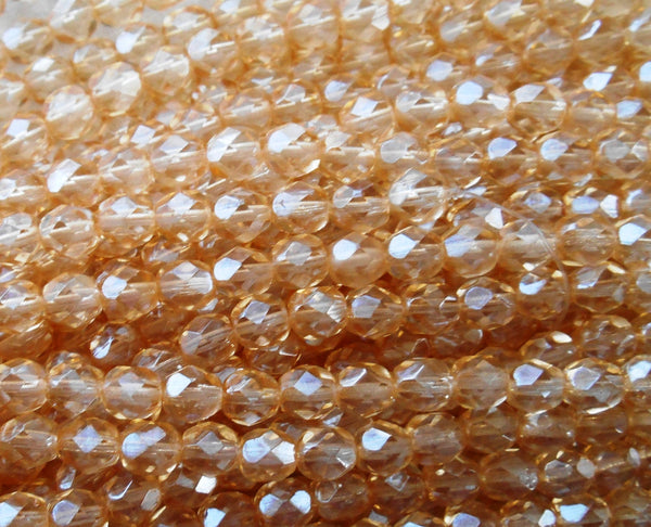 25 6mm Czech glass beads, transparent luster champagne firepolished faceted round beads C6425