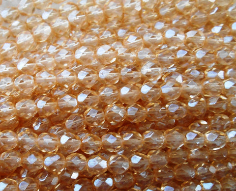 25 6mm Czech glass beads, transparent luster champagne firepolished faceted round beads C6425