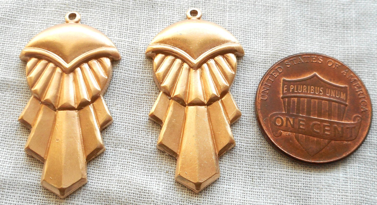 2 Raw Brass Stampings, Art Deco dangles, charms, drops, earrings 31mm x 16mm, made in the USA C47102 - Glorious Glass Beads