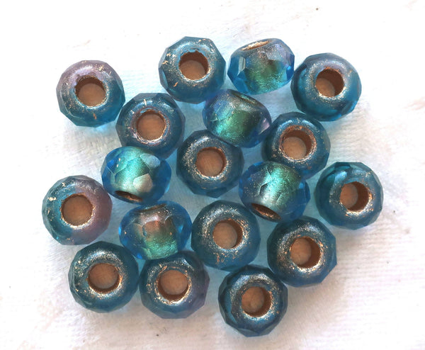Five 12 x 8mm faceted Czech glass roller or rondelle beads - matte blue gold lined - big 5mm holes, big hole focal beads 00501