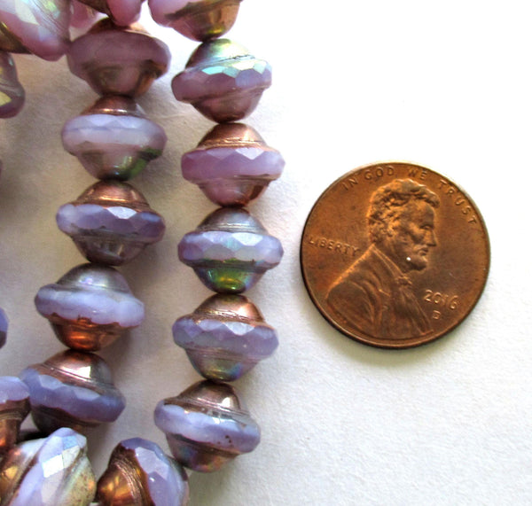 15 Czech glass saturn beads - 8 x 10mm translucent milky purple / lavender ab - faceted saucer beads with copper picasso accents C00542