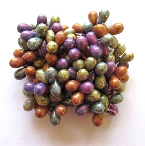 Lot of 25 Czech glass drop beads - opaque mix of green, purple, blue & apricot picasso - smooth teardrop beads - 9 x 6mm C00701