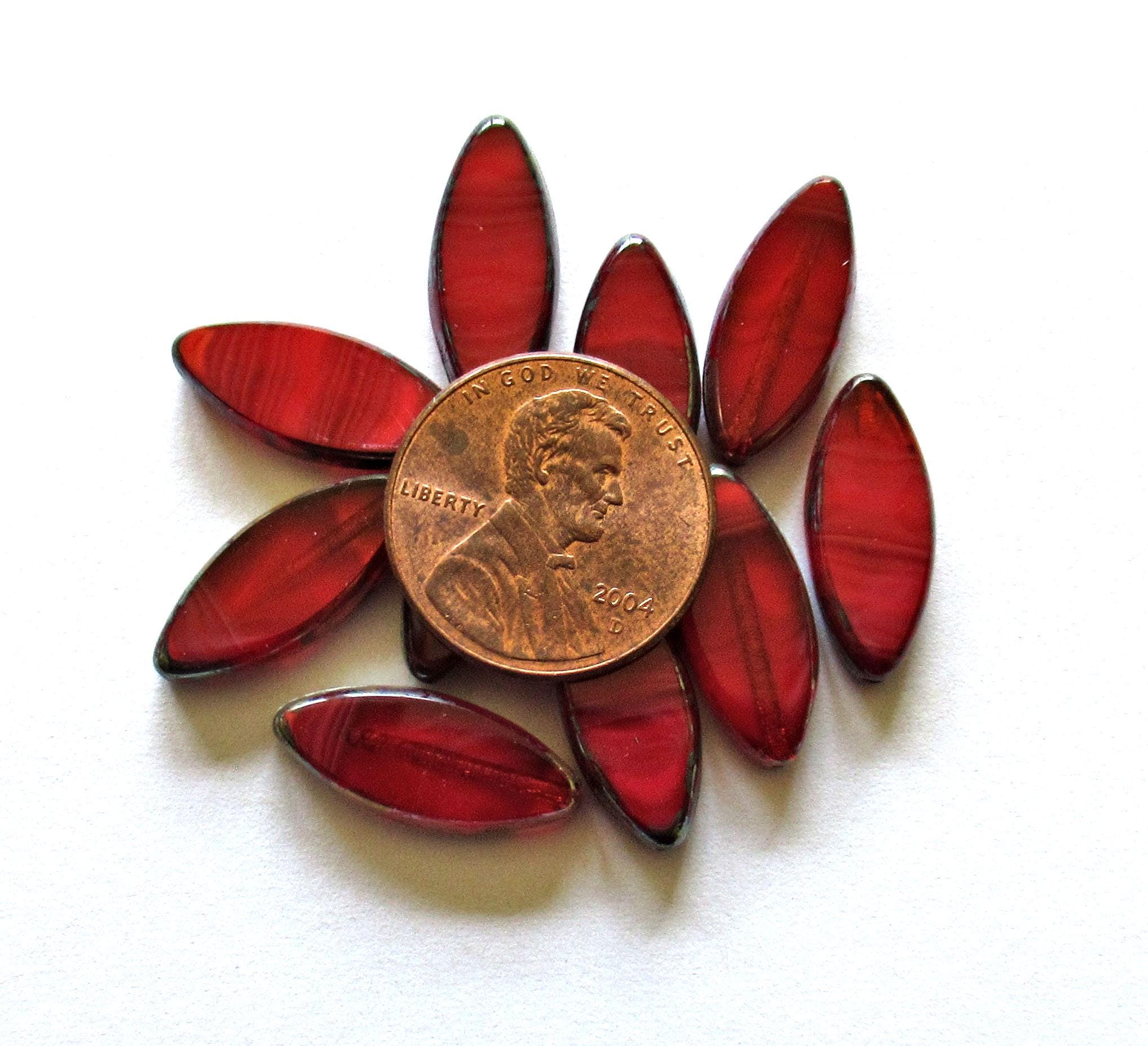 Ten Czech glass spindle beads - 18 x 7mm - opaque & transparent red silk - table cut almond shaped tube beads C00113