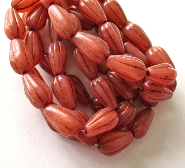 Ten Czech glass teardrop melon beads - milky pink opal w/ copper accents - 15 x 8mm tear drops 00571