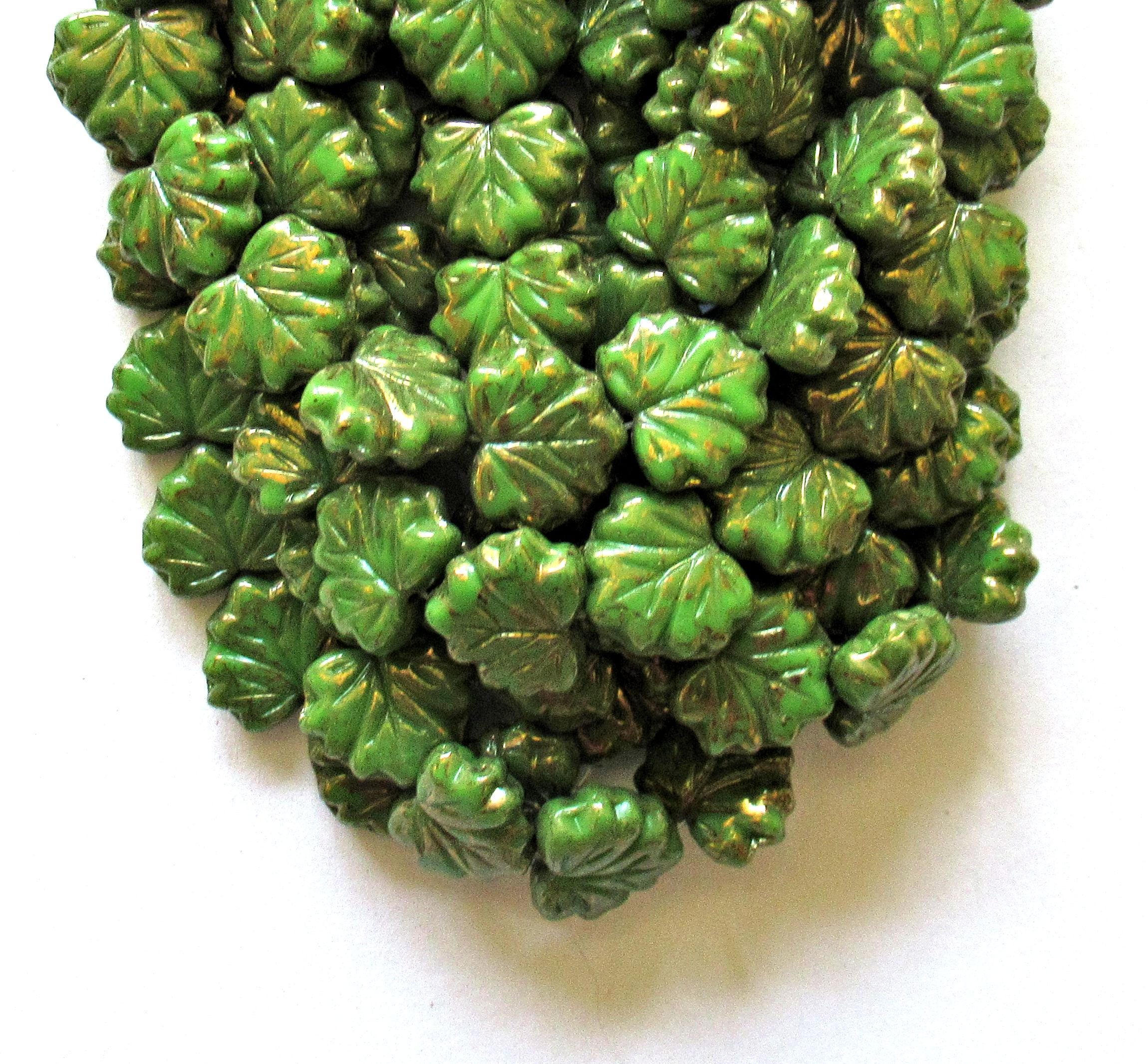 10 Czech glass maple leaf beads - opaque avocado green with a gold luster finish - 13 x 11mm - 00851