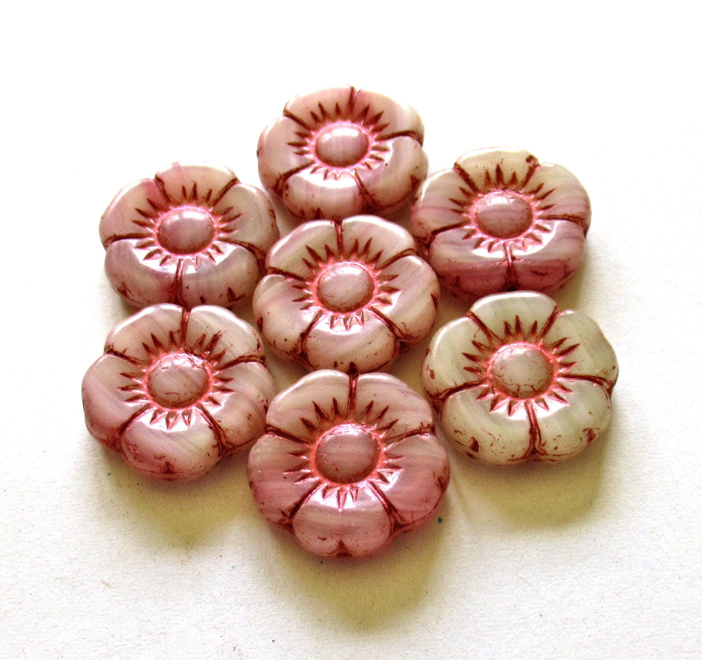 4 large Czech glass flower beads -marbled off white & pink w/ a pink wash - 18mm - 00031