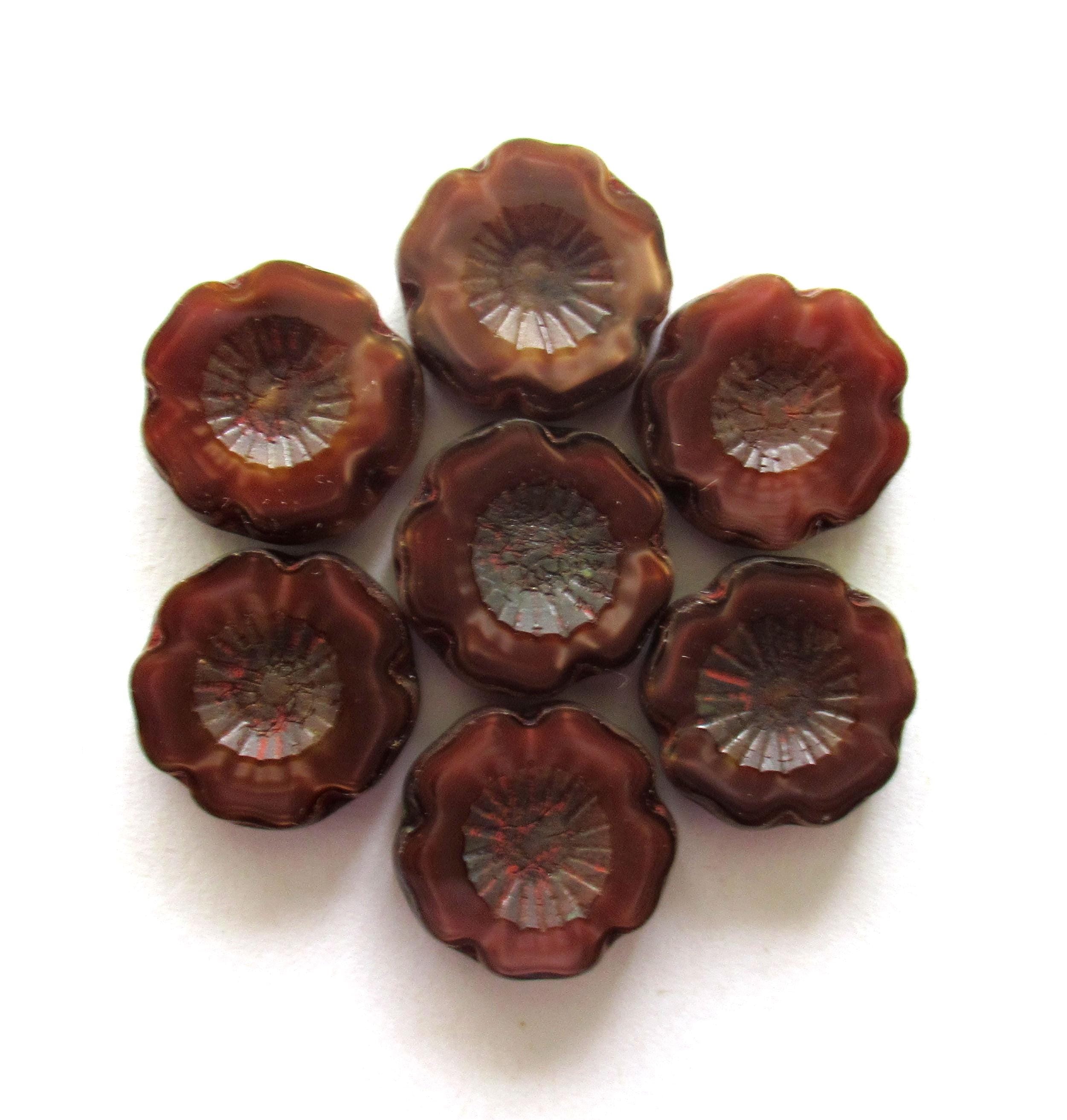 Six Czech glass flower beads - 14mm - dark reddish brown or burgundy picasso - table cut carved -Hawaiian hibiscus flowers - C00021
