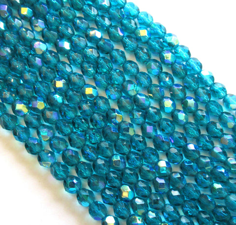 Lot of 25 Czech glass round beads - teal blue zircon ab beads - 6mm - fire polished, faceted beads - C0036