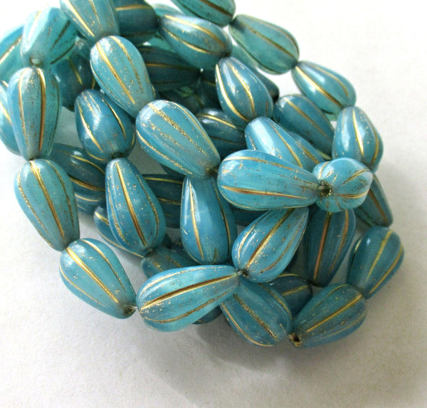 Ten Czech glass teardrop melon beads - blue opal w/ gold accents - 15 x 8mm tear drops 00851