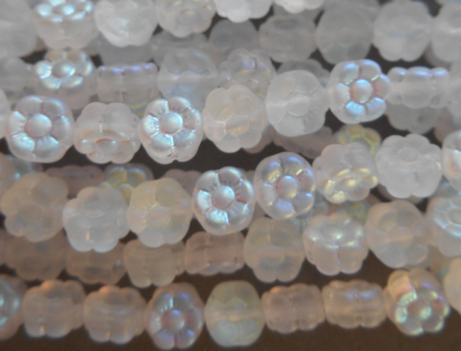 25 6mm Frosted Crystal AB Czech glass flower beads, pressed glass white flower beads, C4001