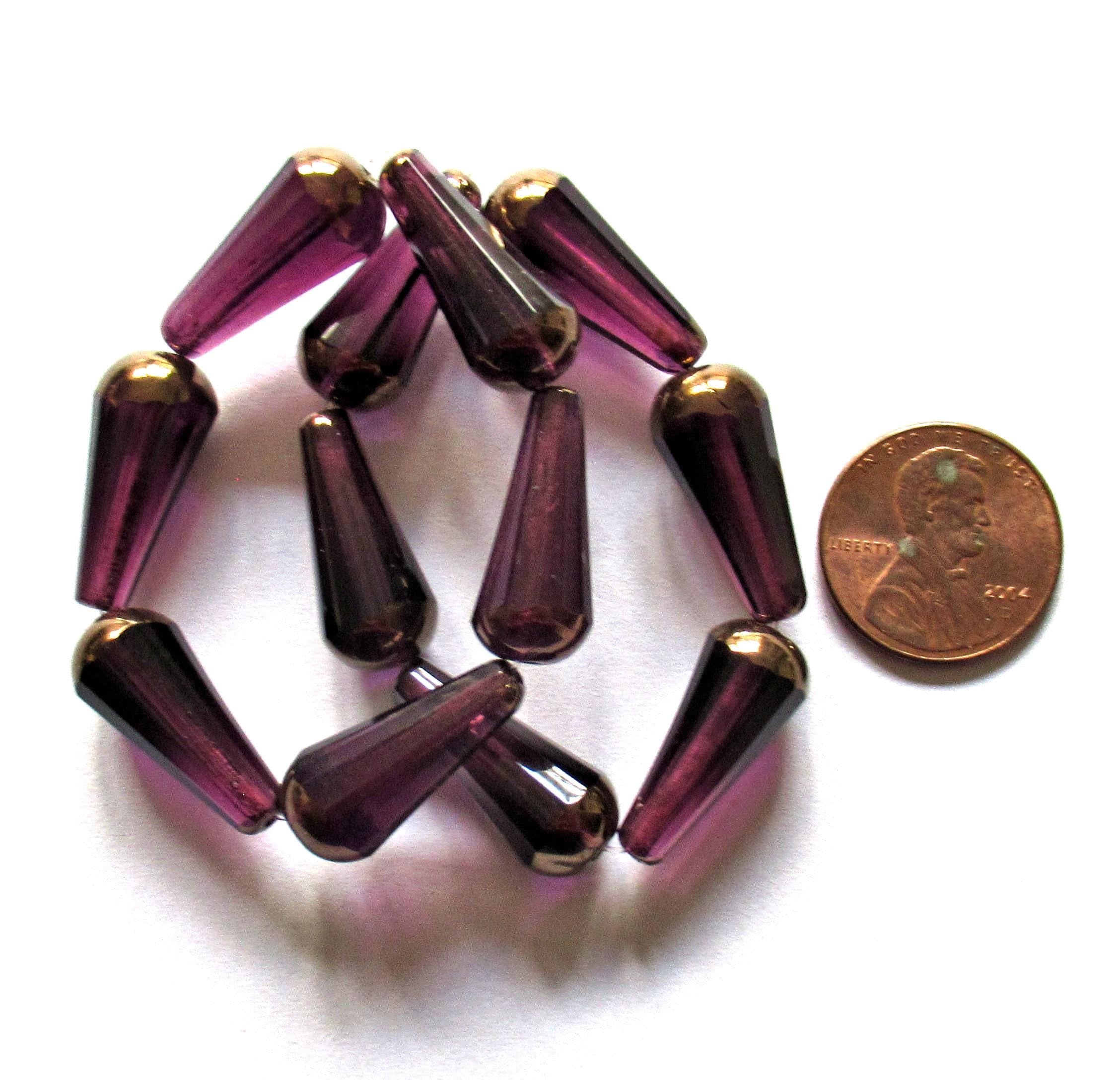 Six Czech glass long faceted teardrop beads - amethyst purple w/ a bronze picasso finish on the ends - 9 x 20mm drop beads - 0513