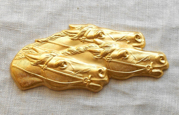 Raw brass stamping, three racing neck and neck horses, horse heads, charm, pendant, connector, ornament, 65mm x 27mm, made in the USA C00101