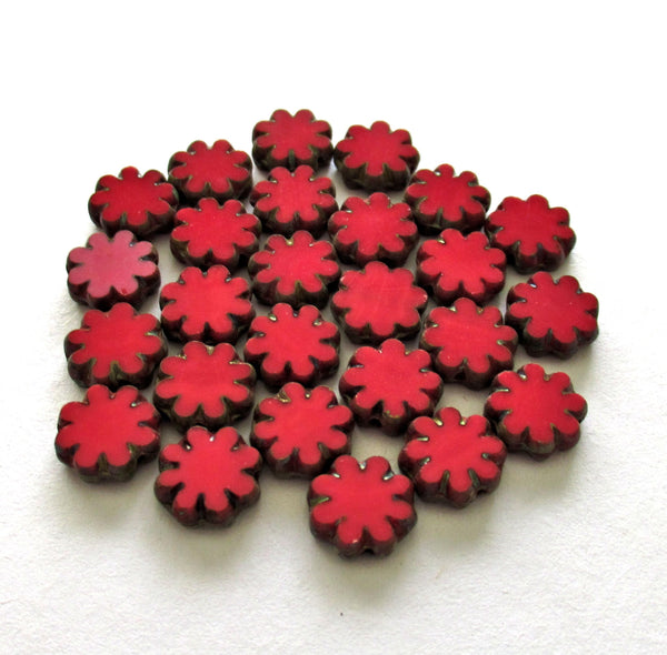 20 Czech glass flower beads - opaque red picasso beads - 9mm - table cut - cactus flower beads - C00832