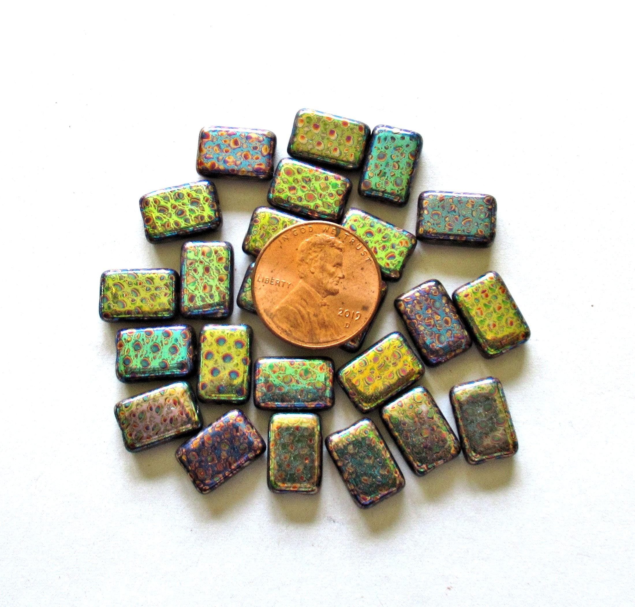Ten Czech glass rectangle peacock beads - 12 x 8mm - opaque iridescent color mix laser etched beads with abstract pattern C00731