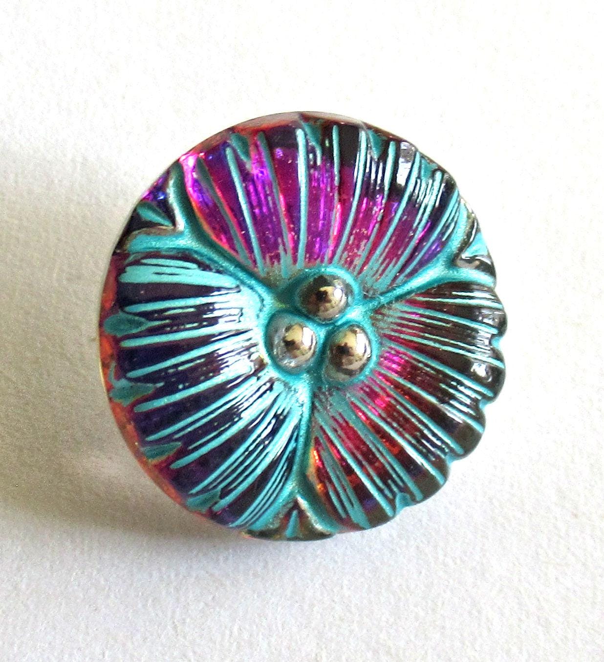 One 18mm Czech glass flower button -purple & pink w/ a turquoise wash - decorative floral shank buttons 00523