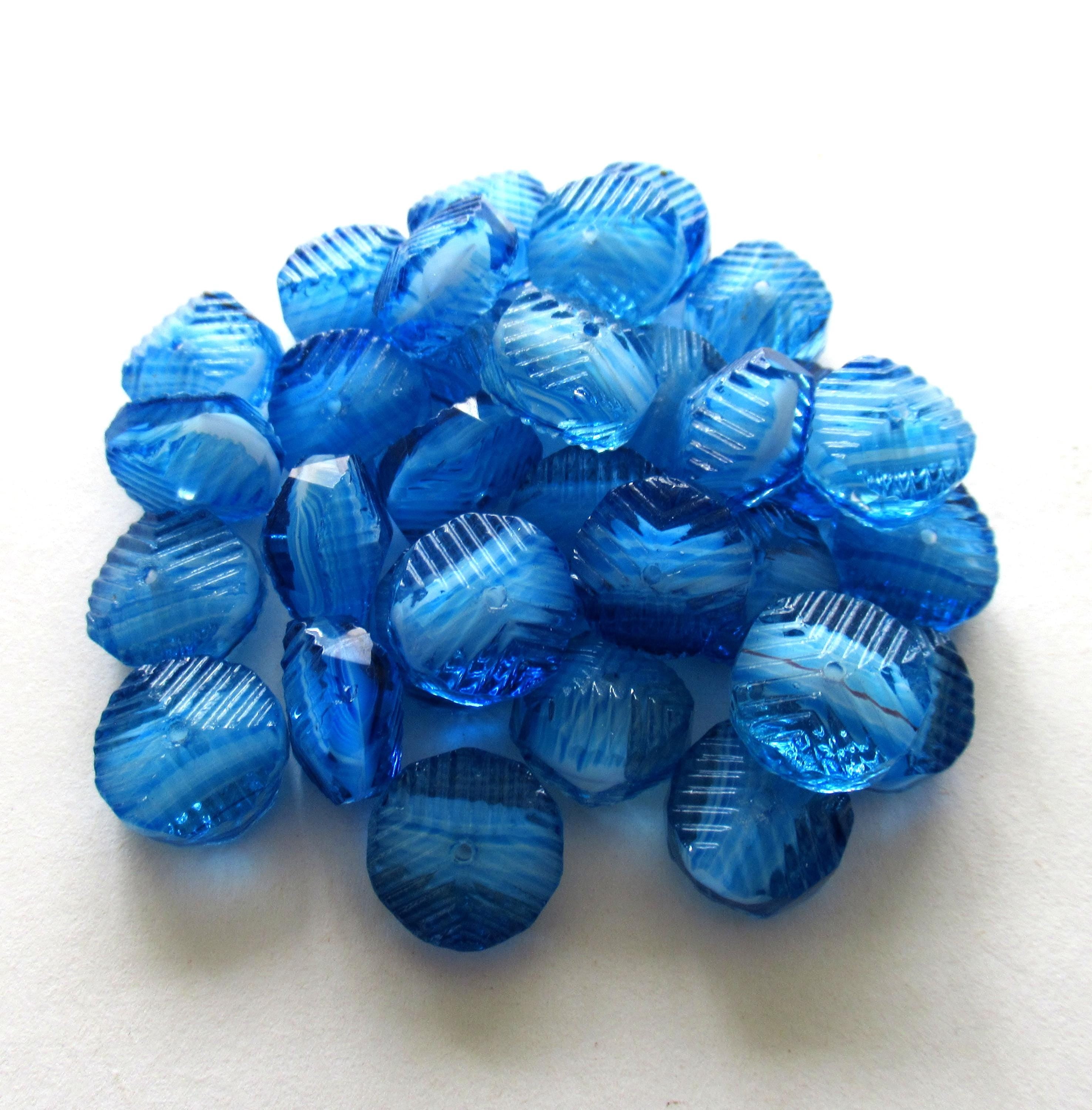 Six Czech glass faceted wavy rondelle beads - large 14 x 6mm - aqua blue & white - chunky statement or focal beads - C00291