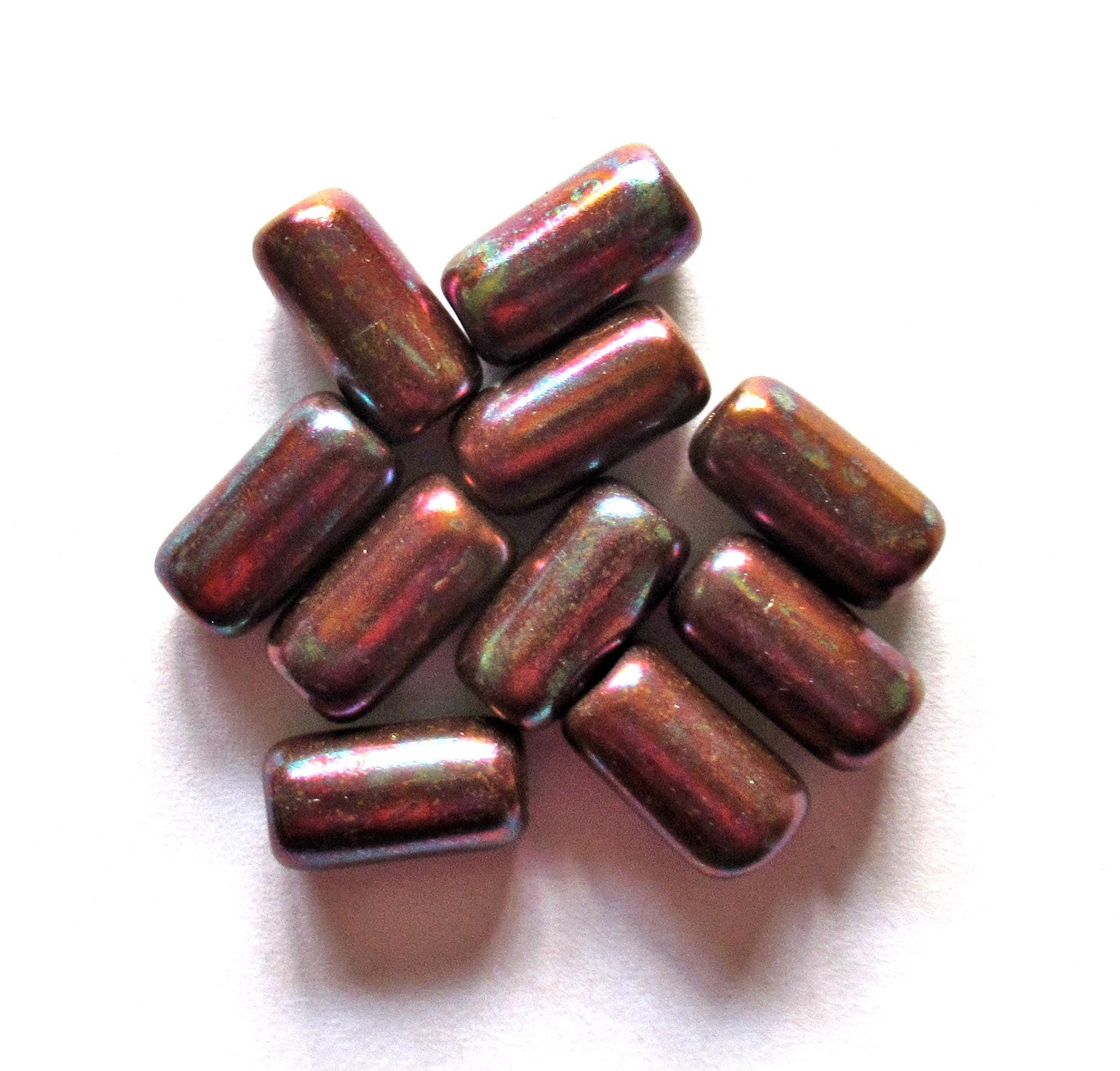 Ten Czech glass tube beads - copper w/ a mother of pearl finish & big 2mm holes - 7 x 14mm - C00052
