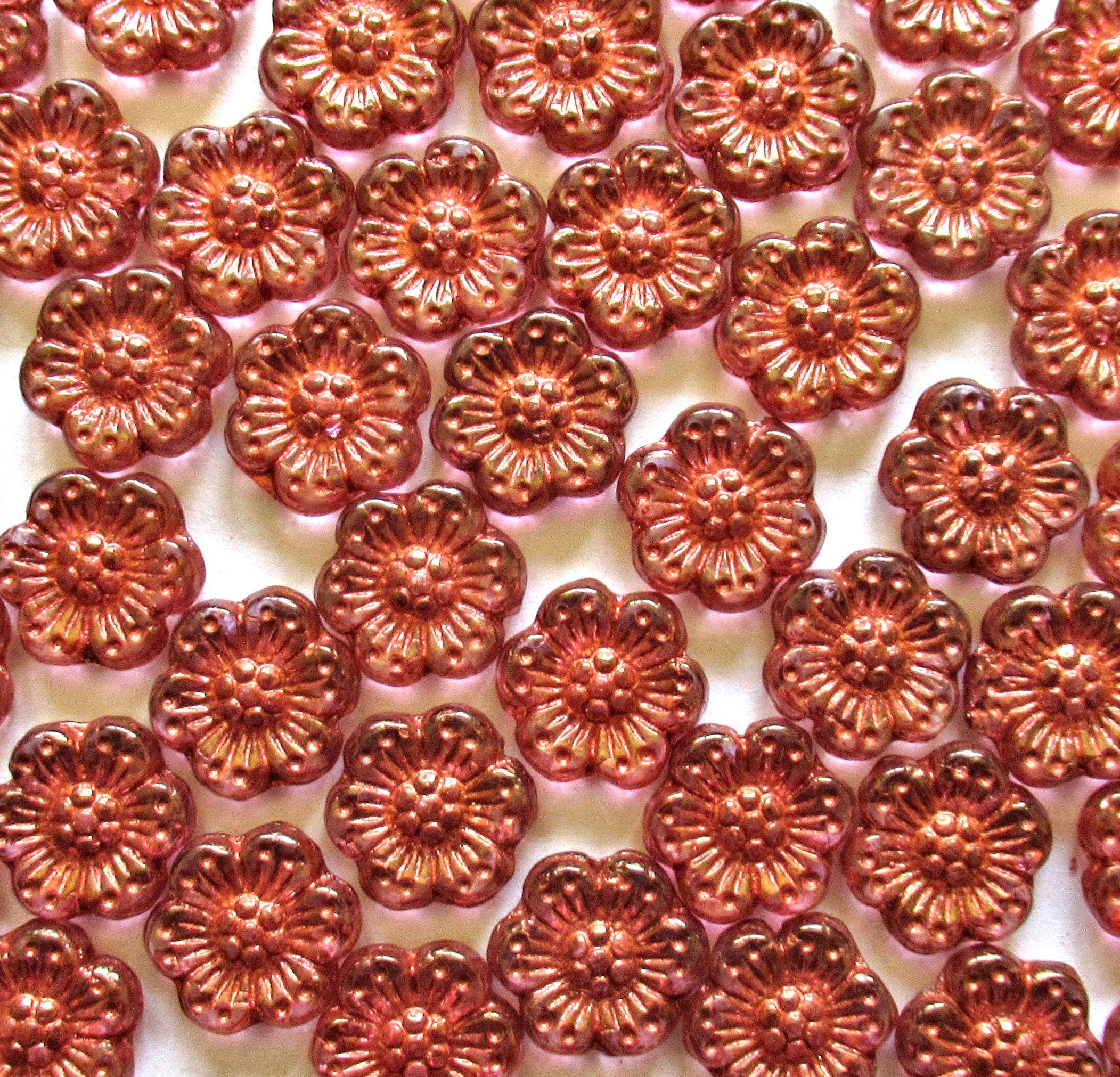 Ten Czech glass wild rose flower beads - 14mm - translucent pink with an antique copper wash- C00131