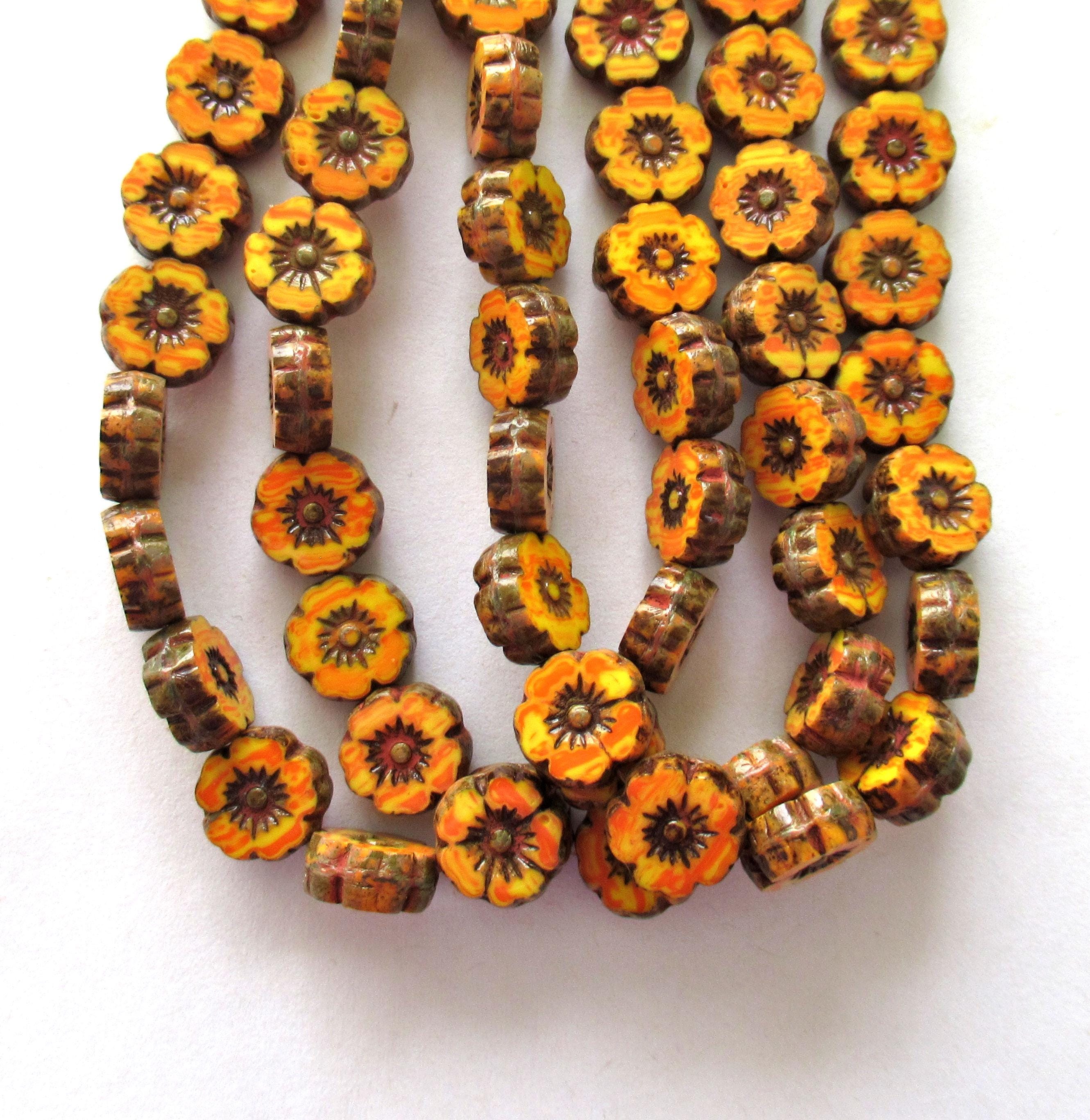 Lot of 15 8mm Czech glass flower beads - marbled opaque orange and yellow - table cut carved Hawaiian flower beads C00311