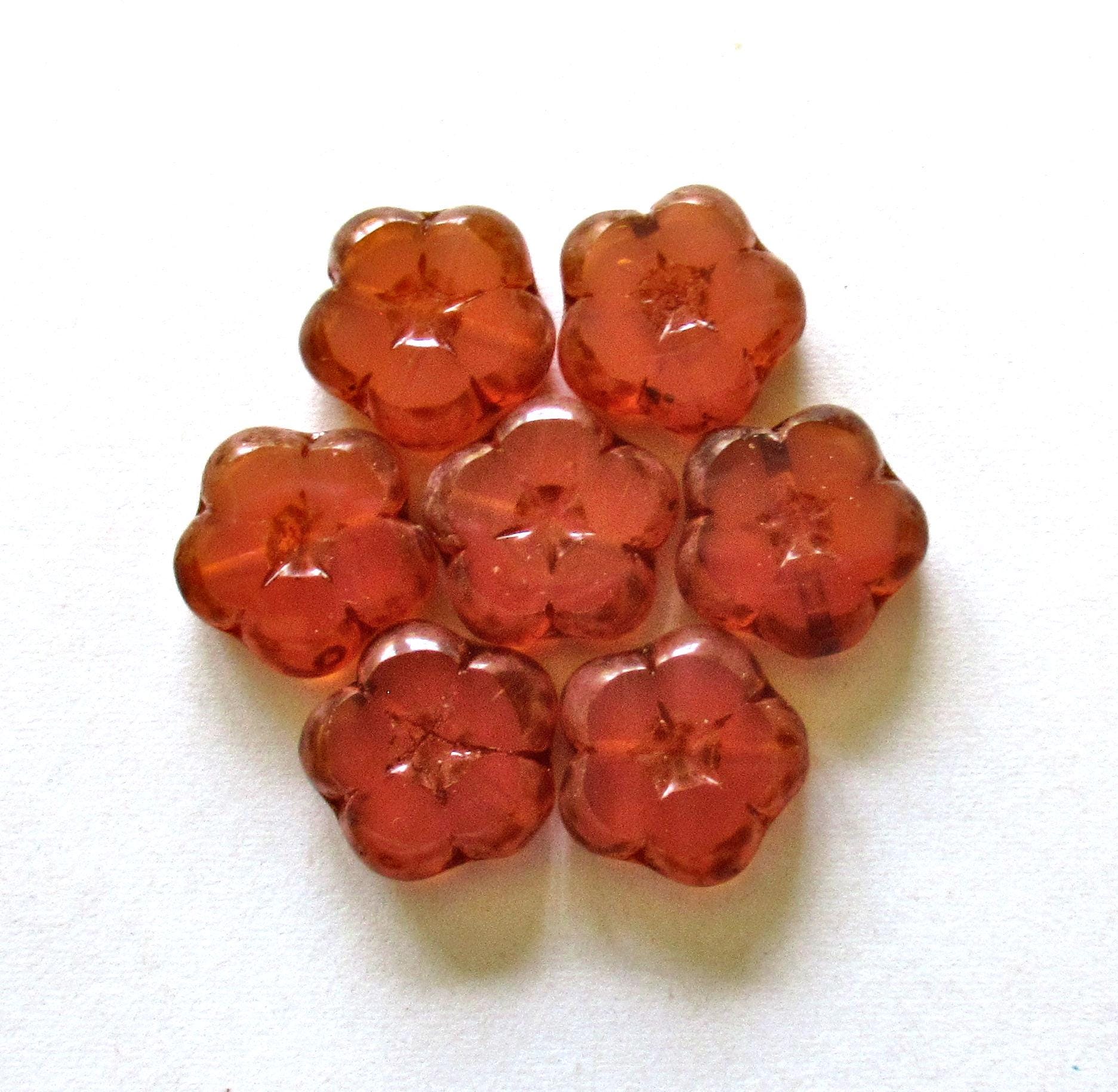 Six Czech glass flower beads - 14mm - translucent salmon pink w/ picasso accents - table cut & carved - C00541