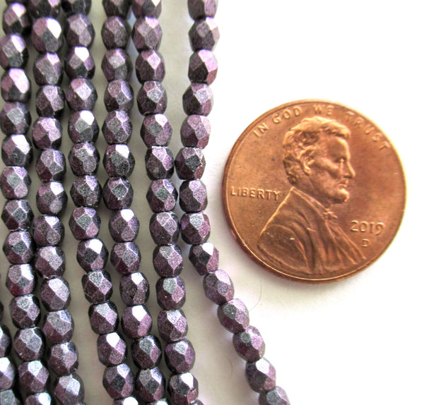 50 3mm Polychrome Orchid Aqua Czech glass beads - Matte purple with hints of Blue fire polished, faceted beads C0026