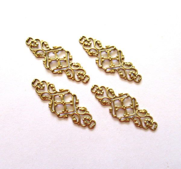Four raw brass stampings - ornate Victorian connectors with rings - 1.75" x .75" inches USA made C00441