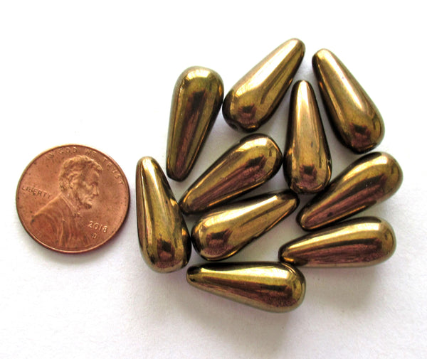 Six large Czech glass teardrop beads - bronze 9 x 20mm drop beads 00018