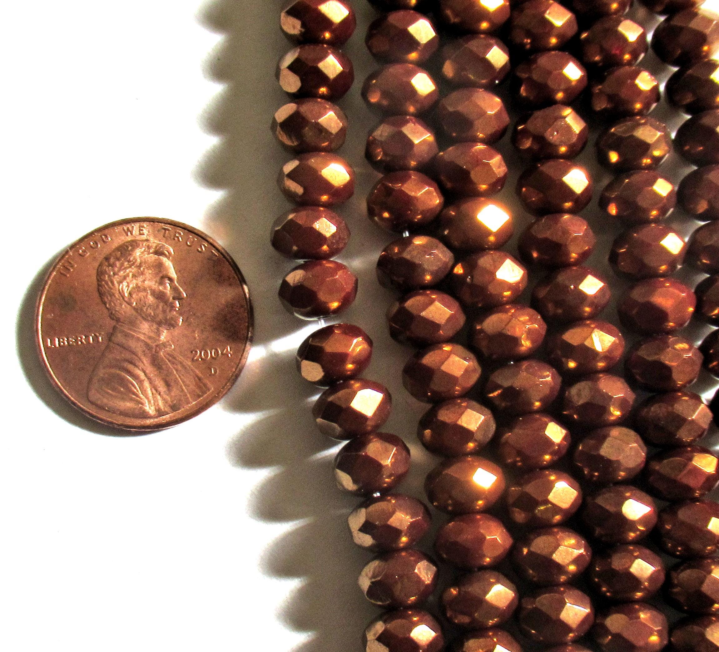Lot of 25 Czech glass puffy rondelle beads - 5 x 7mm metallic bronze / brown faceted rondelles C0089