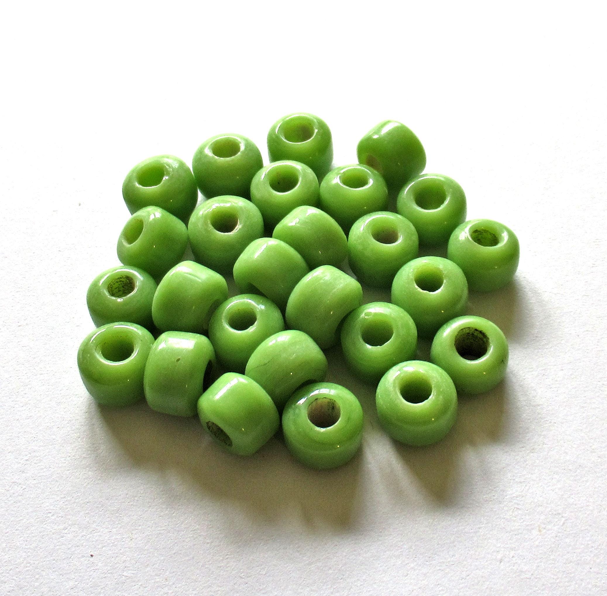 25 9mm glass pony or roller beads - opaque medium green big hole crow beads - made in India - C6401