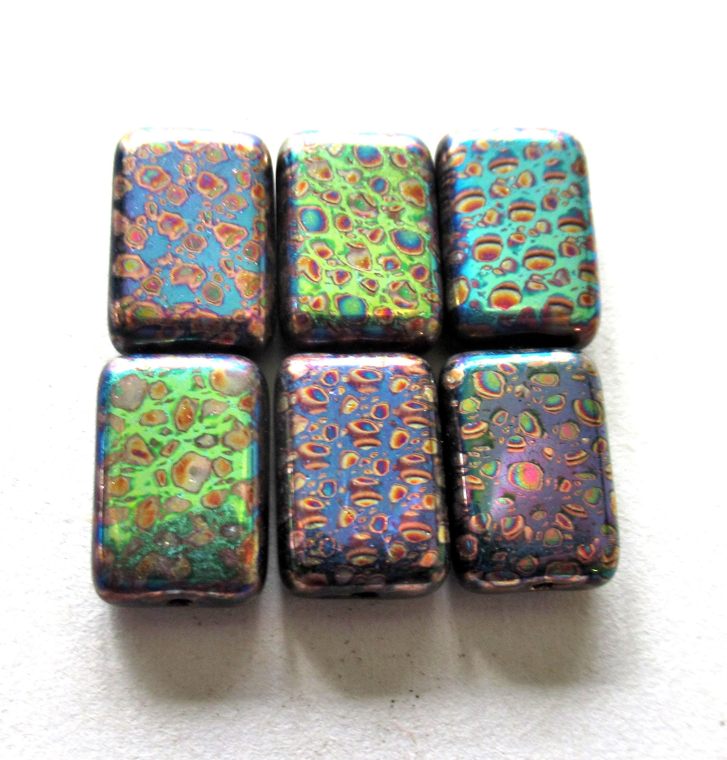 Ten Czech glass rectangle peacock beads - 12 x 8mm - opaque iridescent color mix laser etched beads with abstract pattern C00731