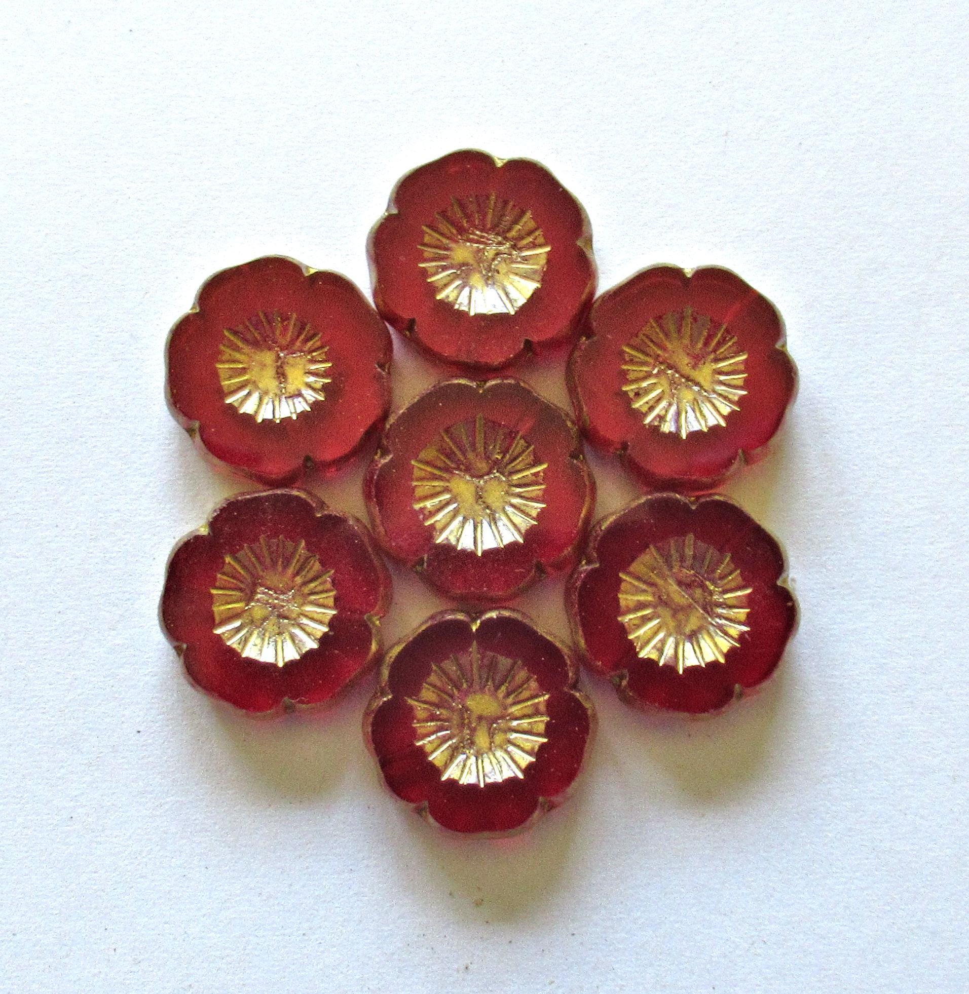Five large Czech glass flower beads - 16mm - light garnet red w/ a gold wash - table cut & carved - Hawaiian hibiscus flowers - C00522