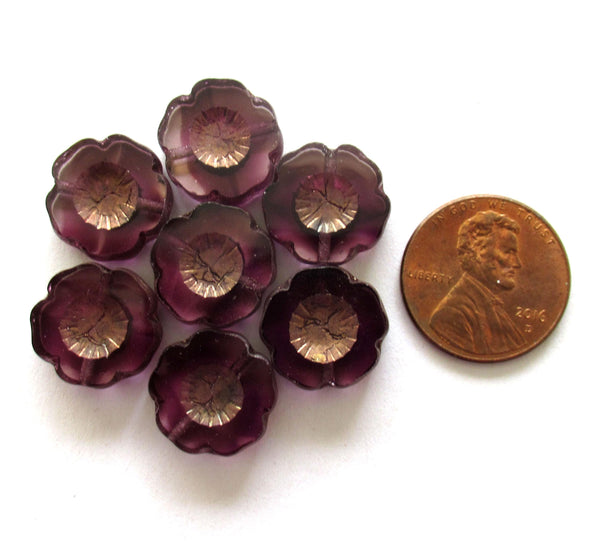 Six 14mm Czech glass flower beads - transparent marbled light and dark amethyst purple with a bronze picasso finish - Hawaiian flowers 00231