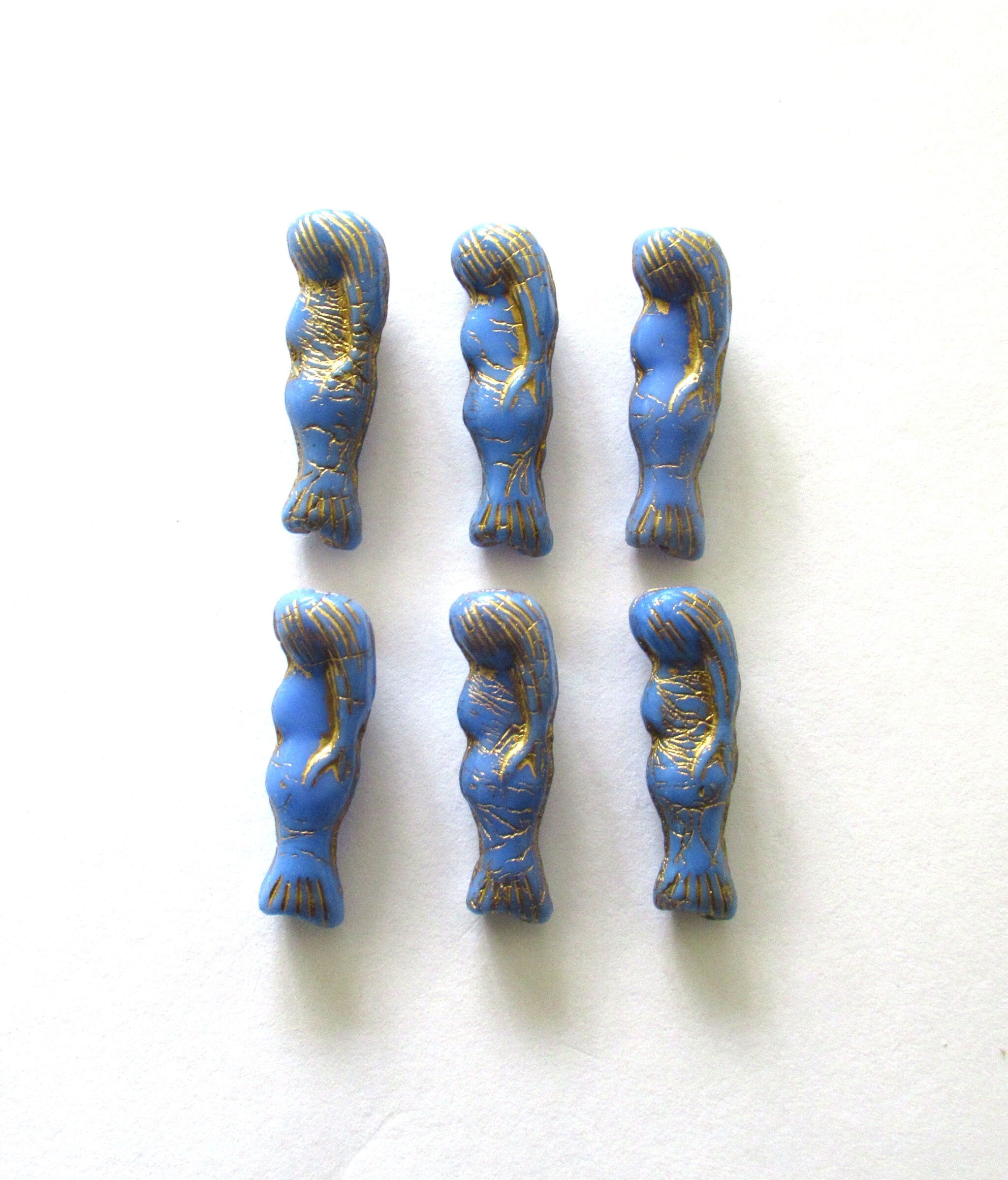 6 Czech glass mermaid or goddess beads - 25 x 5mm opaque periwinkle blue beads with a gold wash - C00442
