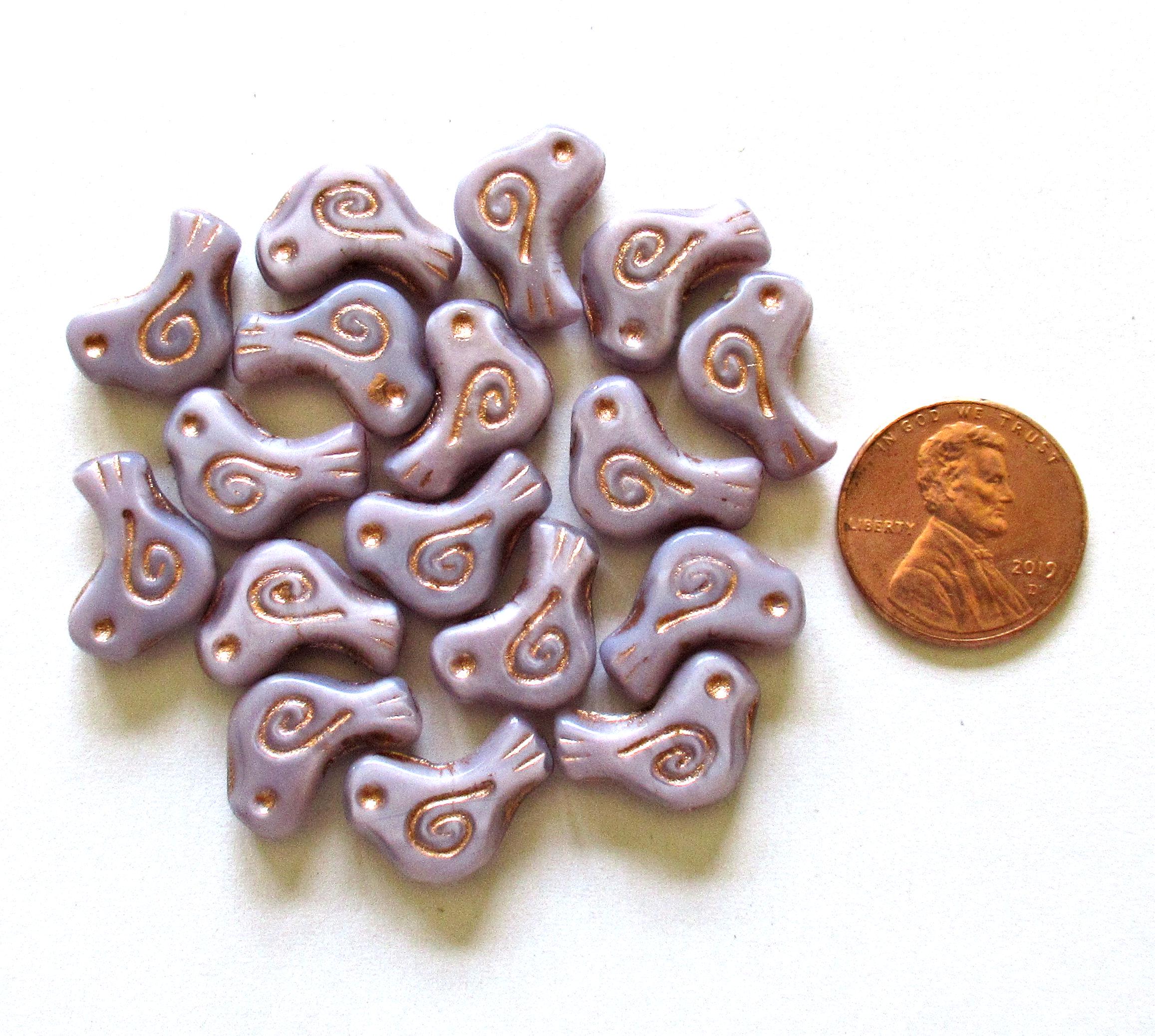 8 Czech glass bird beads - 12 x 16mm - opaque light purple, lavender or lilac silk with a copper wash - C0621