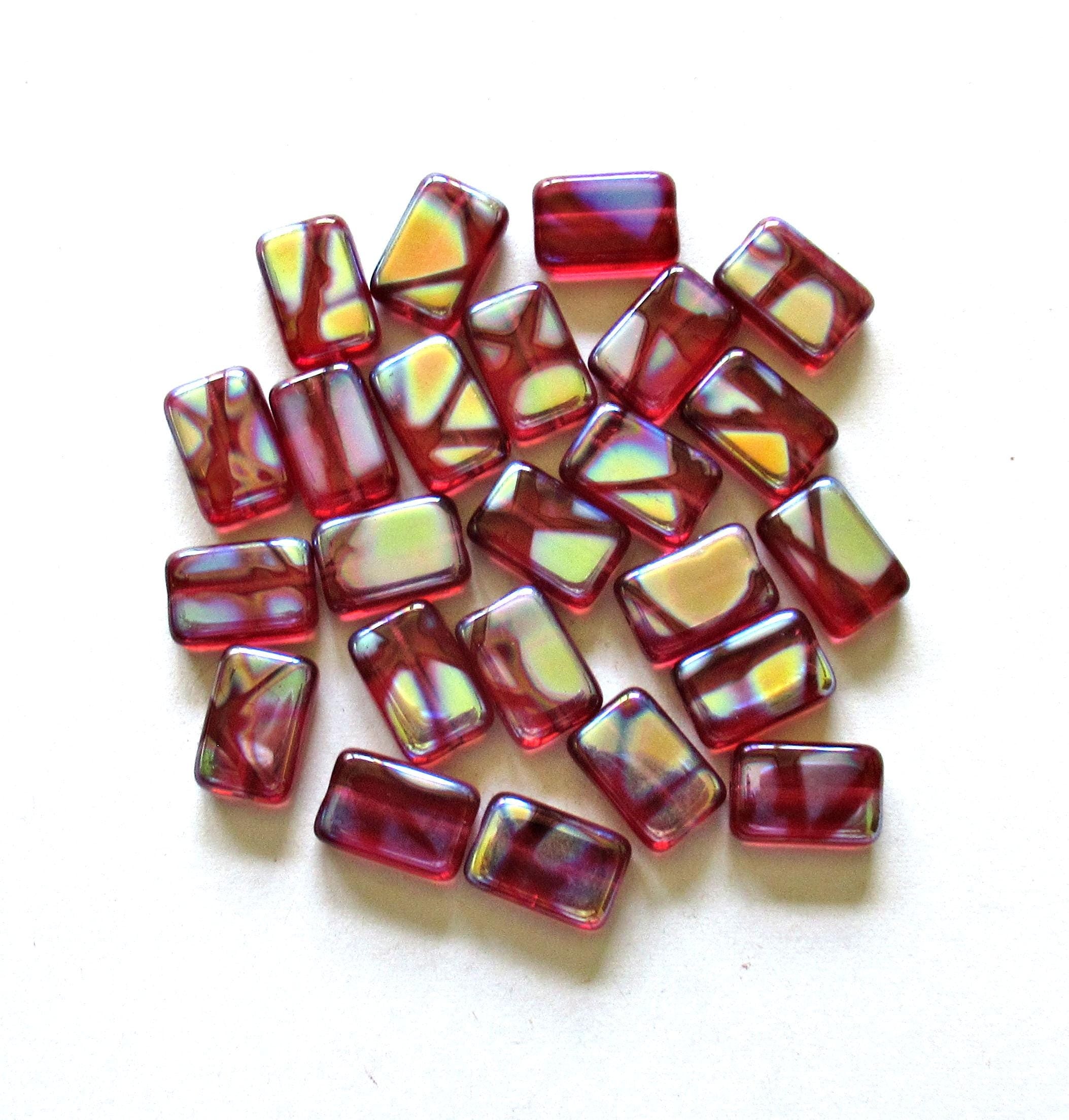 Ten Czech glass peacock rectangle beads - 8 x 12mm - ruby red with peacock accents - C0731