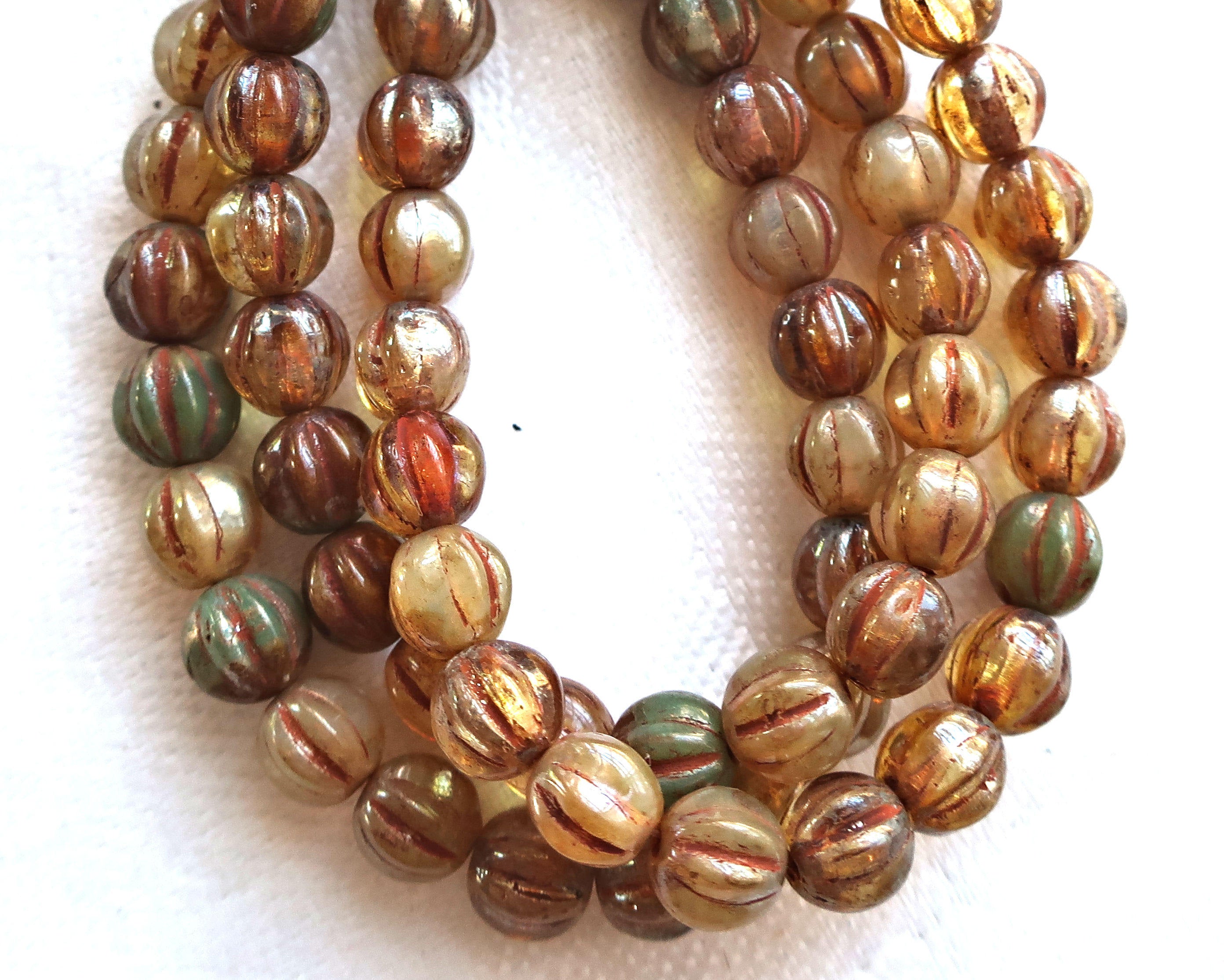 25 Czech 6mm glass melon beads, Striped champagne picasso beads, earthy, rustic mix pressed beads C0801