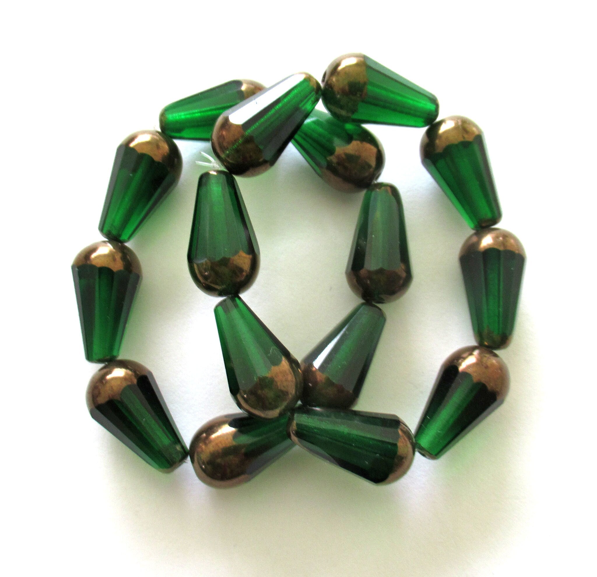 8 Czech glass faceted teardrop beads - 8 x 15mm transparent emerald green w/ a bronze finish on the ends - large drop beads - 00112