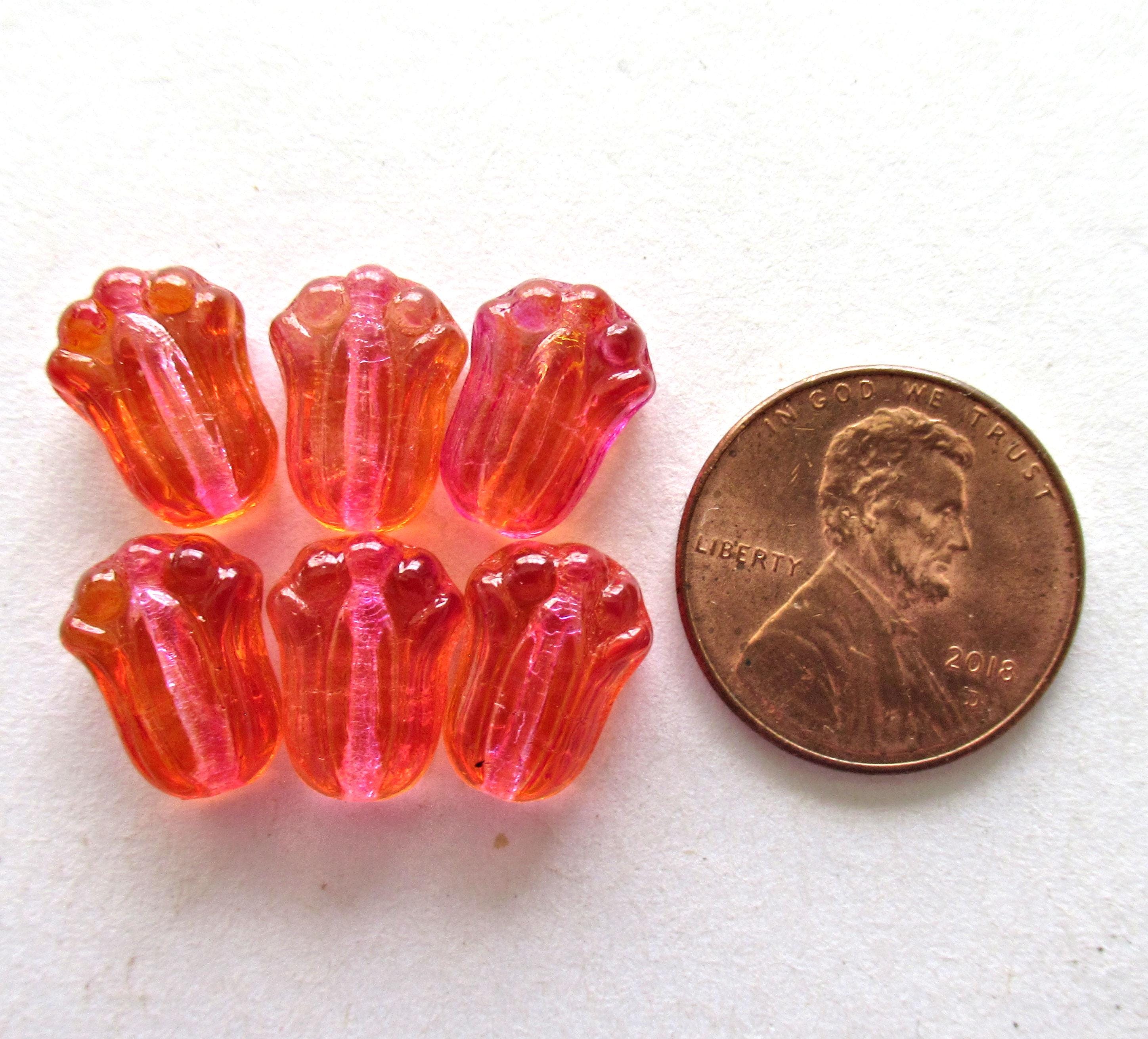 25 Czech glass tulip flower beads - fuchsia & lemon - orange - 12 x 8mm - pressed glass beads - C00089