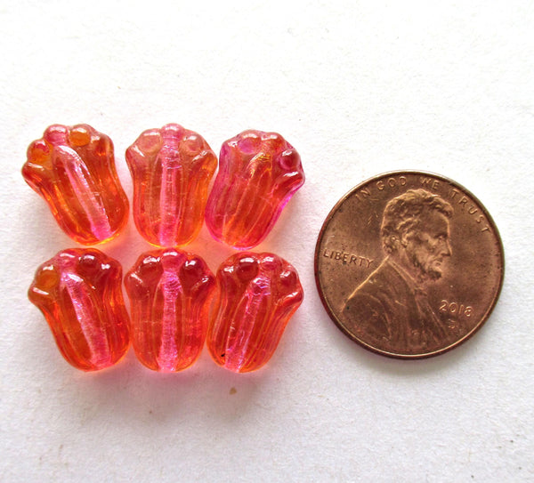 25 Czech glass tulip flower beads - fuchsia & lemon - orange - 12 x 8mm - pressed glass beads - C00089