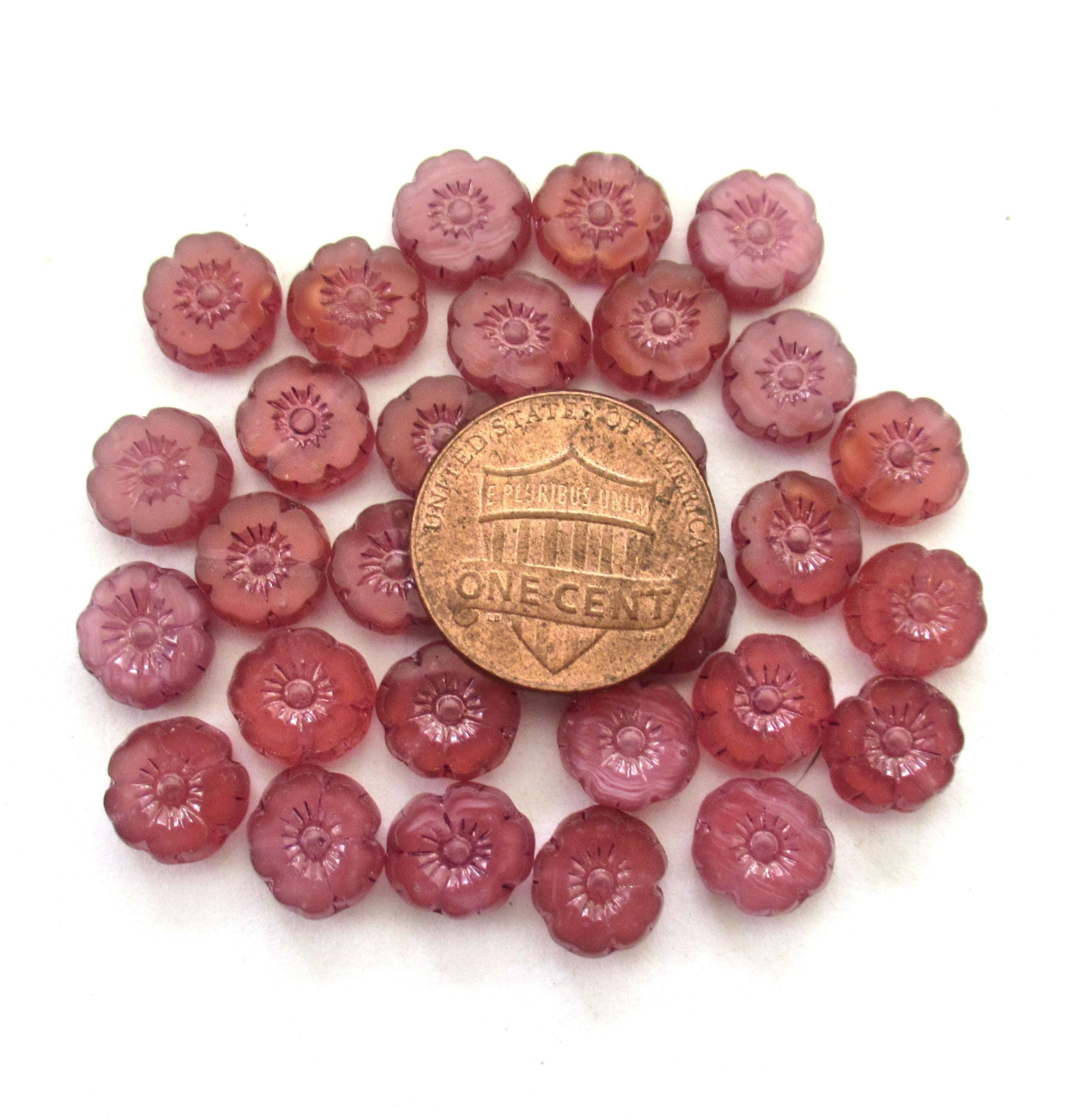 Lot of 15 8mm Czech glass flower beads - table cut - carved - dusty rose / milky pink - Hawaiian hibiscus flower beads C00431