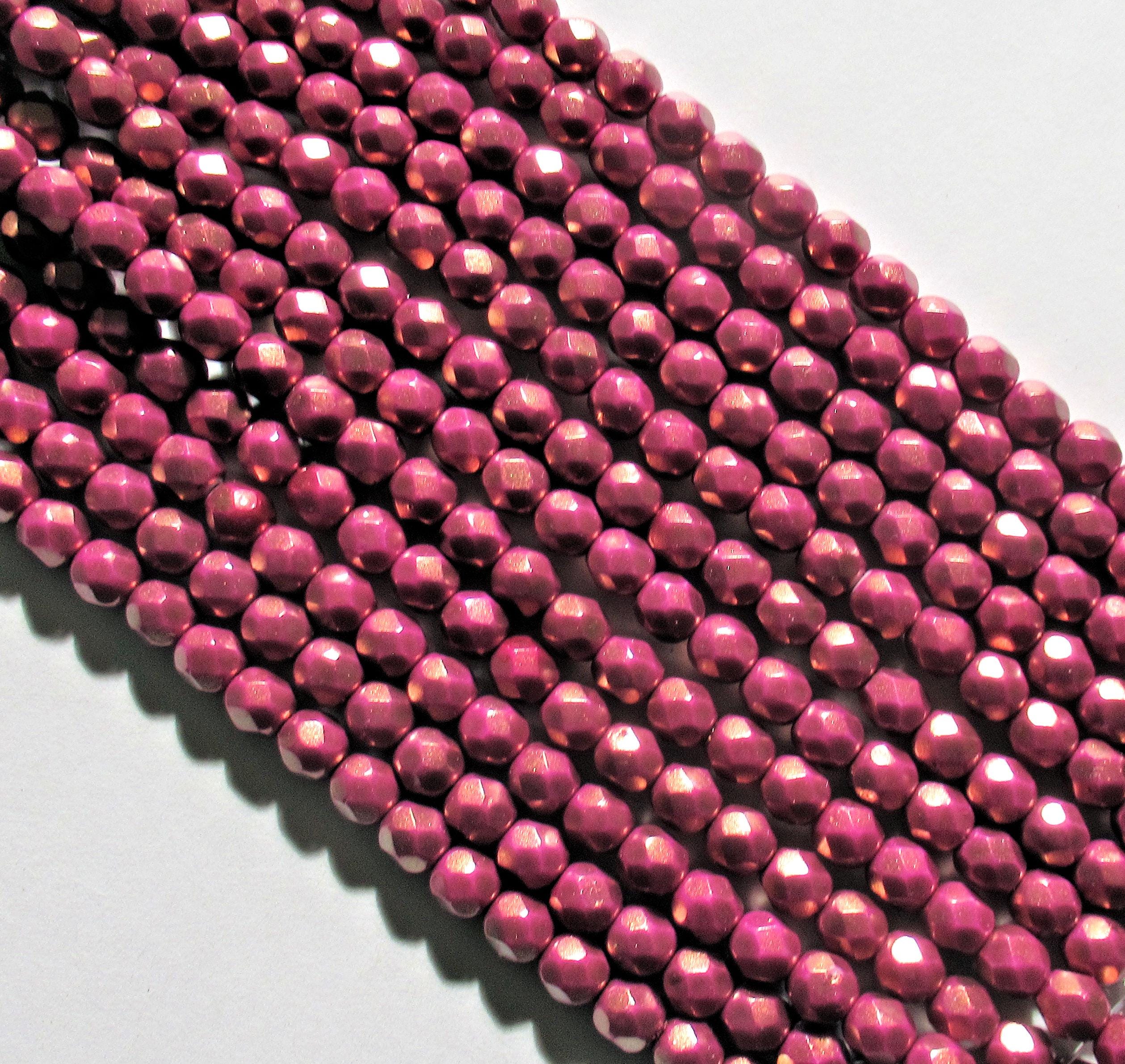 25 6mm Czech glass beads - Halo Ethereal Madder Rose - opaque pink beads with a shiny gold finish - faceted round beads - C0026