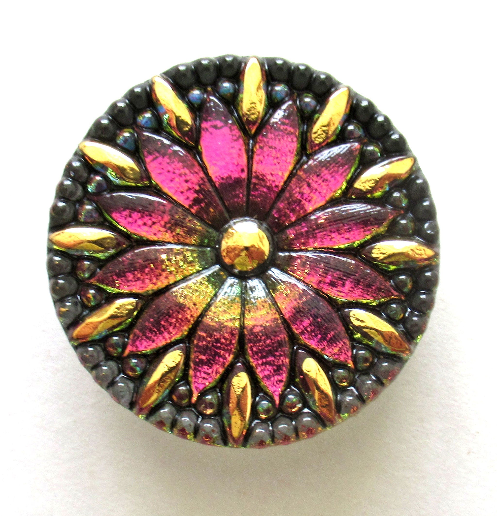 One 30mm Czech glass daisy flower button - iridescent pink yellow / orange button with gold accents - floral decorative shank buttons 00163