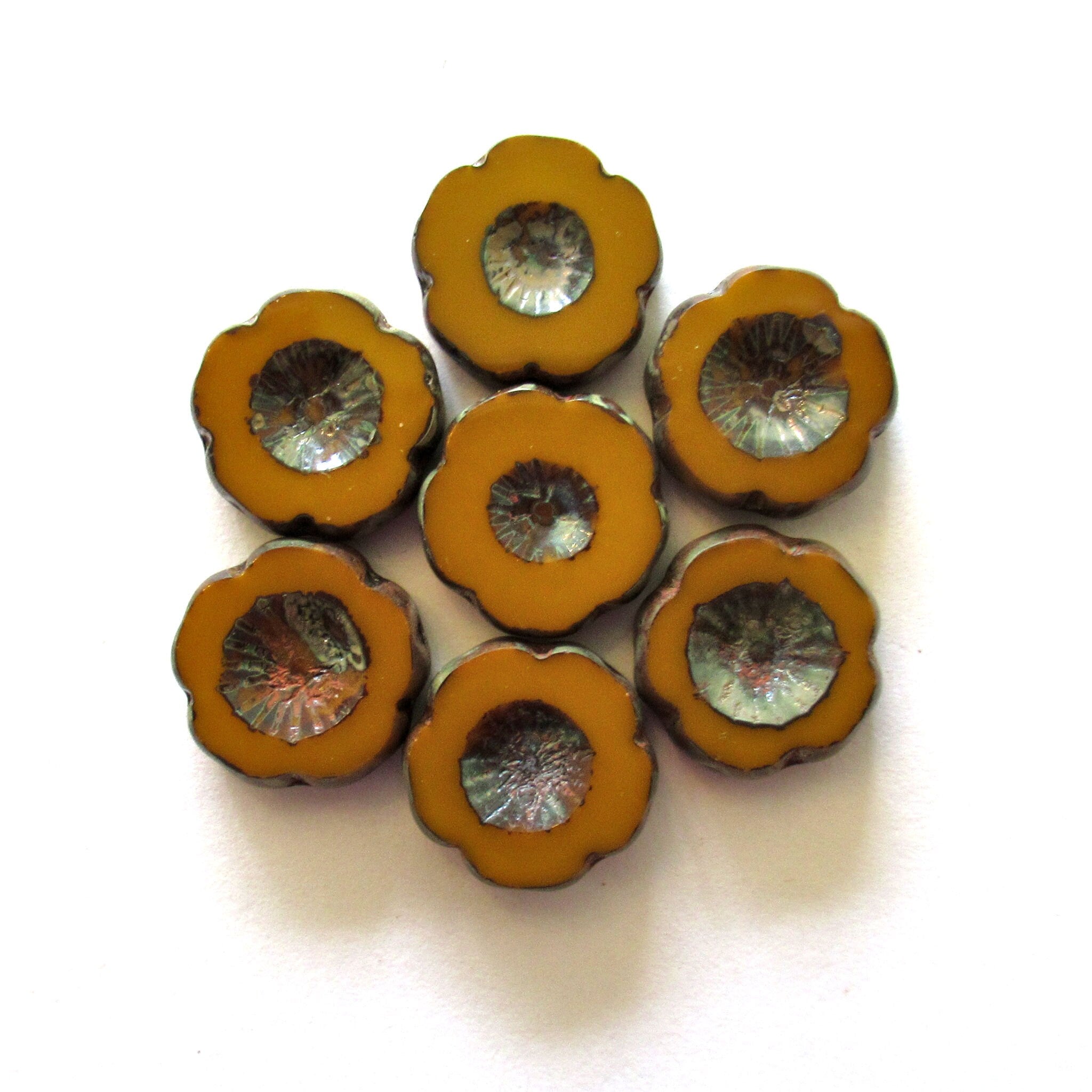 Five Czech glass flower beads. 14mm table cut, carved, opaque umber brown picasso Hawaiian hibiscus earthy rustic flower beads C00001