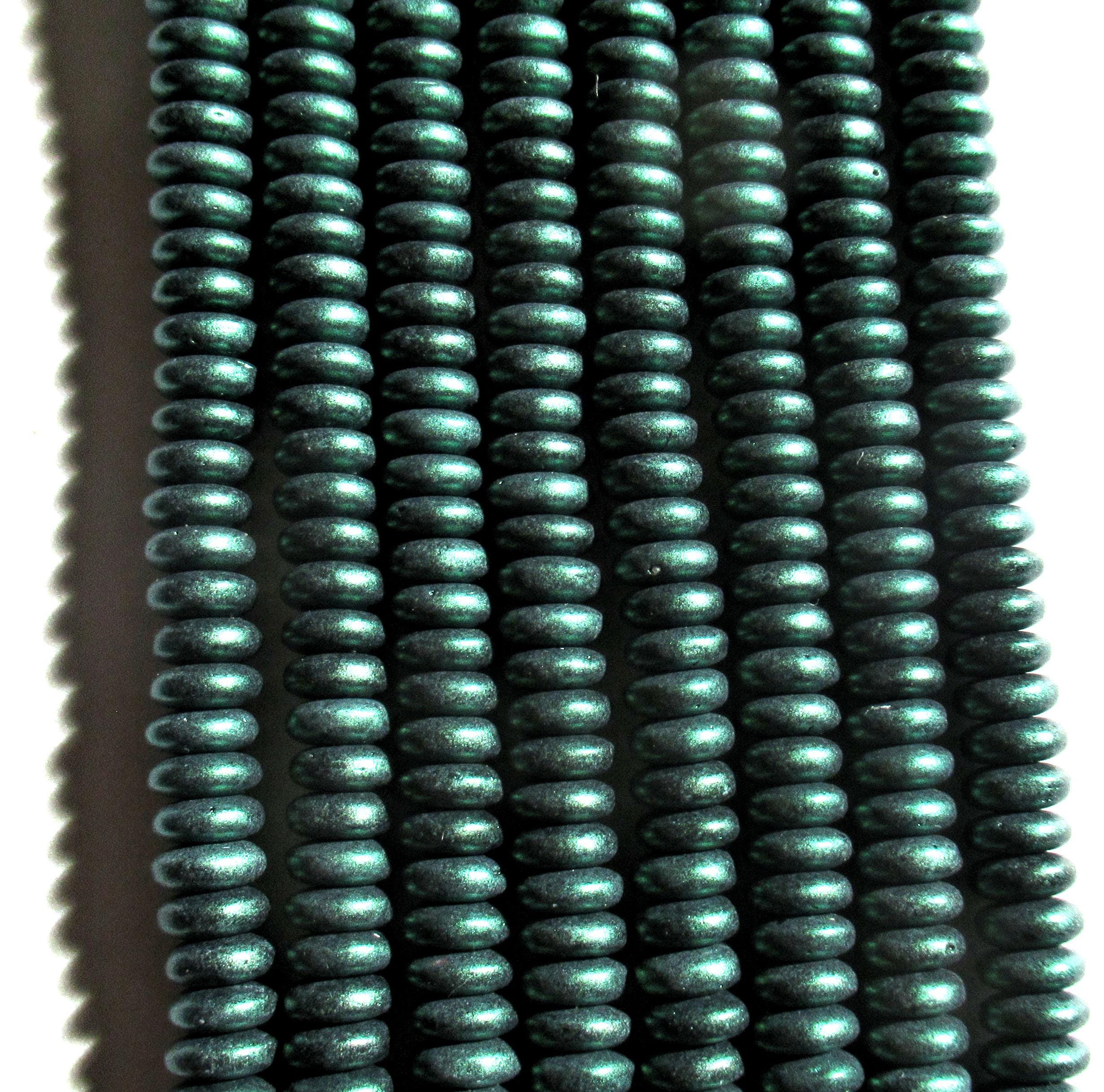 50 6mm Czech glass rondelle beads - matte metallic emerald green - flat spacers or rondelles - C0088